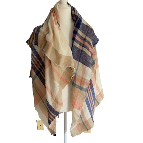 Pink Blue Blanket Scarf, Scarf Blanket, Plaid Blanket Scarf, Winter Oversized Sc - Picture 4 of 4